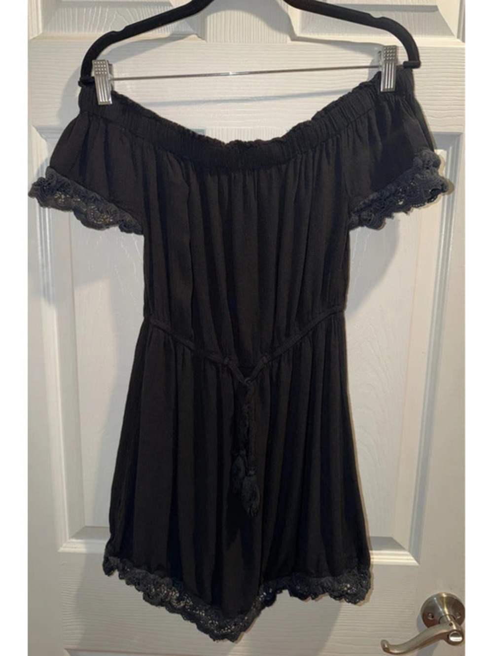 Blush Black Off Shoulder Boho dress Crochet Trim Size Medium